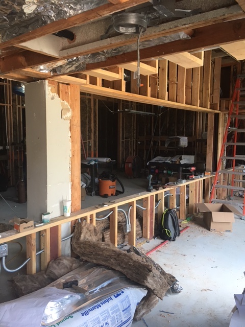 2x4 stud wall at student kitchen service line 
